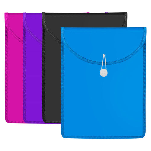 Four Marbig A4 top load files fanned flat in pink, purple, black and bright blue, the front file showing its cord and button flap