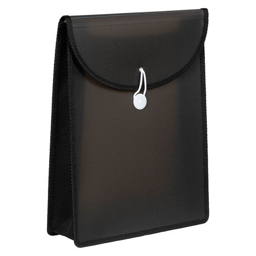 Smoke Marbig A4 top load file standing at an angle, dark translucent grey with pleated side gussets, curved flap and white button closure