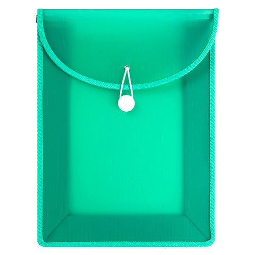 Closed spearmint green Marbig top load file seen from the front with its elastic cord looped round the button