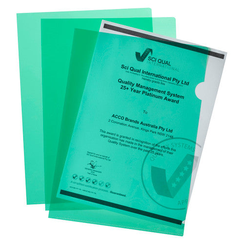 Three green Marbig Ultra A4 letter files fanned out, sealed along the bottom and left edges and open at the top and right side, a certificate showing through the front file