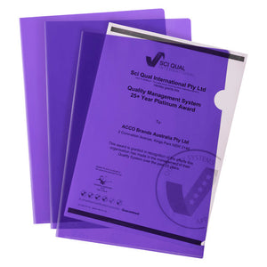Three violet Marbig Ultra A4 letter files fanned out, open along the top and the right edge with a thumb notch, with the text of a certificate readable through the front one