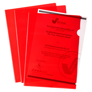 Three red translucent Marbig Ultra A4 letter files fanned out, open along the top and right side, with a thumb notch and a printed certificate inside the front file