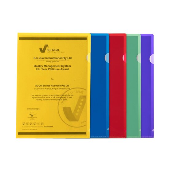 Yellow Marbig Ultra letter file holding a certificate in front, with the edges of blue, red, green and purple Ultra files, sold separately, lined up behind it