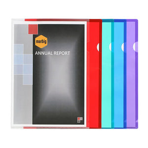 Five Marbig Ultra letter files fanned across white in clear, red, green, blue and purple, the clear one holding a black Annual Report cover that reads through the front