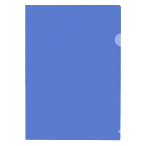 A single blue translucent Marbig Ultra A4 letter file lying flat on white, with the rounded thumb notch cut into the open long edge near the top