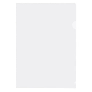 A single clear Marbig Ultra A4 letter file lying flat on white, the thumb notch cut into the open long edge and the sealed corner visible at the base