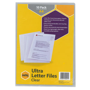 The sealed Marbig Ultra Letter Files Clear retail pack, printed 10 Pack and A4, listing that the file houses loose papers, will not rip, fray, bend or crease, and is made from lightweight, wipe clean, recyclable polypropylene