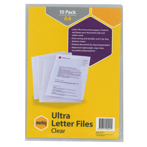 Marbig Ultra A4 clear polypropylene letter files pack of 10 shown fanned out on white background