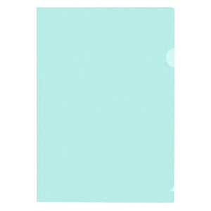 A single pale green translucent Marbig Ultra A4 letter file lying flat on white, with the rounded thumb notch cut into the open long edge
