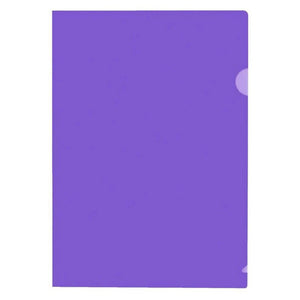 A single purple translucent Marbig Ultra A4 letter file lying flat on white, with the rounded thumb notch cut into the open long edge
