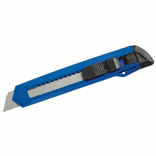 Marbig 975155 large utility knife with a blue plastic body, black textured push slider, black end cap and an extended silver snap off blade