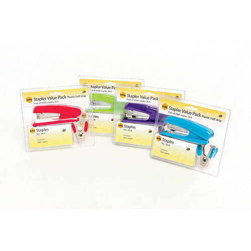 Four Marbig Stapler Value Pack blister cards in pink, lime, purple and blue, each holding a half strip stapler, a staple remover and a box of No. 26/6 staples