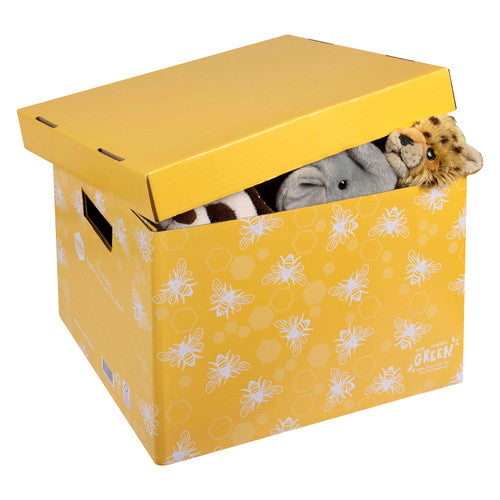 Marbig honeybee yellow archive box with its lid raised and plush toys tucked inside