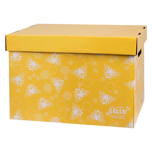 Side of a Marbig We Mean Green yellow archive box printed with white bees over faint honeycomb hexagons