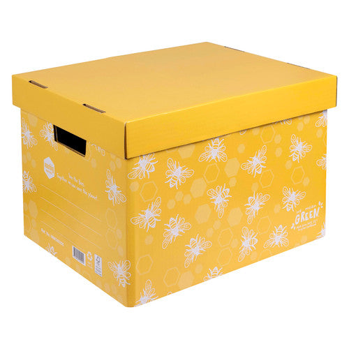 Angled Marbig honeybee yellow archive box with the lid on, white bee drawings on the sides and a hand hole in the end