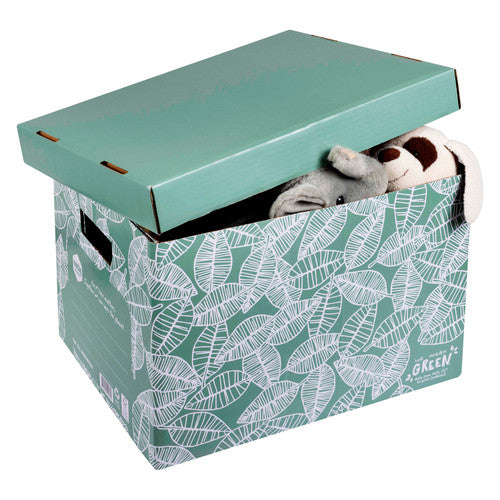 Marbig leafy green archive box with the lid tipped up and soft toys peeking out from inside