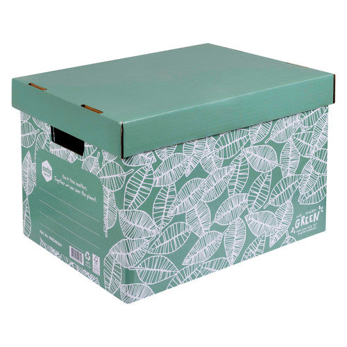Marbig We Mean Green archive box in leafy green, lid on, white leaf drawings on the sides and a ruled label panel on the end