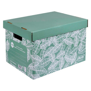 Marbig We Mean Green archive box in leafy green, lid on, white leaf drawings on the sides and a ruled label panel on the end