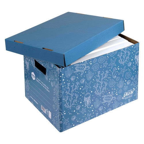 Marbig sea blue We Mean Green archive box with the lid lifted to show white files stored inside