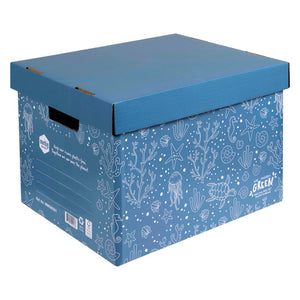 Marbig We Mean Green archive box in sea blue with lid on, white jellyfish, turtle and coral drawings and a hand hole in the end