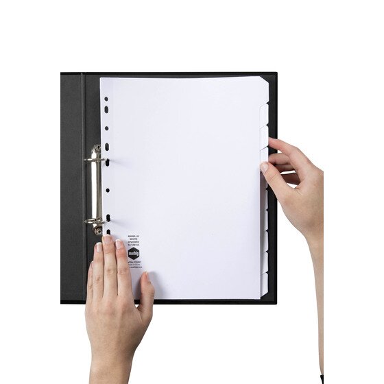 Hands turning a blank tab on the Marbig 10 tab white manilla divider set filed in a black 2 ring binder