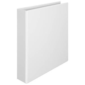 White Marbig Clearview 38mm insert binder standing at an angle with a plain white spine and no retail label