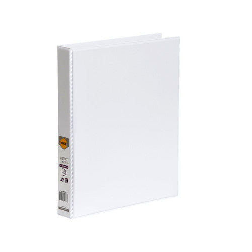 White Marbig Clearview insert binder at an angle, the marbig label and barcode visible on the spine