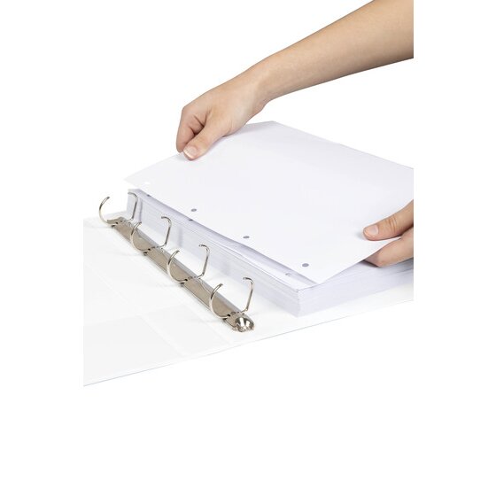 Hands placing a stack of punched white paper onto four open D rings in a white Marbig Clearview binder