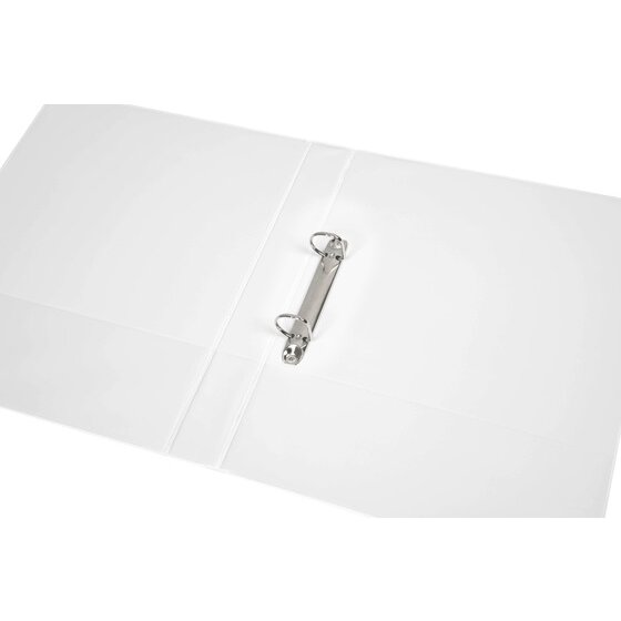 White Marbig Clearview binder opened out, two metal D rings on a rail inside the back cover