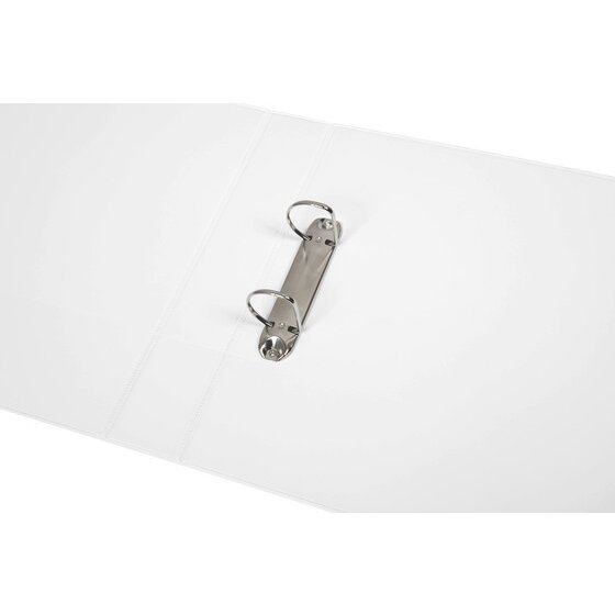 White Marbig insert binder open flat with two metal D rings on a rail fixed inside the back cover