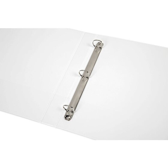 White Marbig 5403008B binder opened flat with three metal D rings on a rail fixed inside the back cover