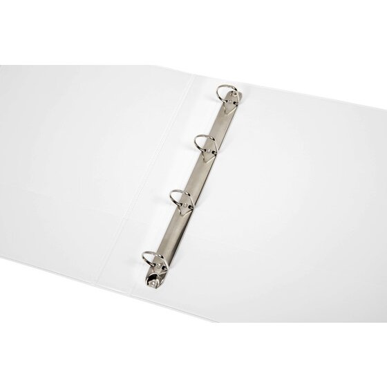 White Marbig 5404008B insert binder opened out with four metal D rings along a rail inside the back cover