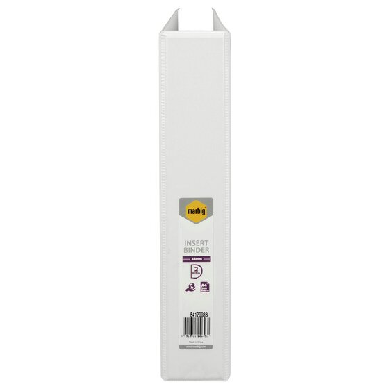 White spine of Marbig 5412008B with a label reading INSERT BINDER, 38mm, 2 RING, A4 300 SHEETS and Made in China
