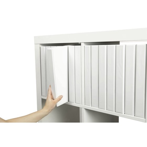 Hand sliding one white binder out of a white shelf filled with plain spined white Marbig insert binders