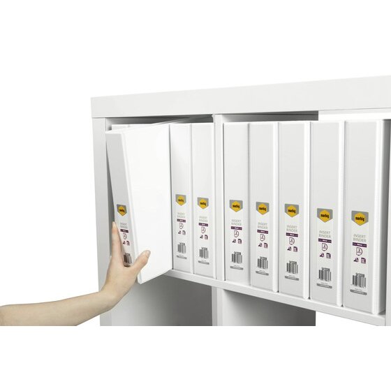Hand pulling a white Marbig binder from a white shelf of matching binders with marbig spine labels