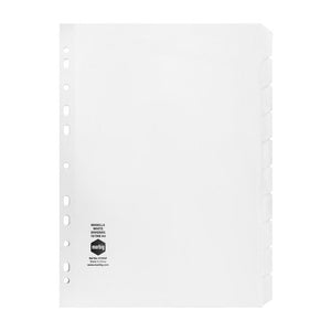 Marbig 37400F white manilla A4 divider set with ten blank stepped tabs down the right edge and a printed Marbig reference block on the punched edge
