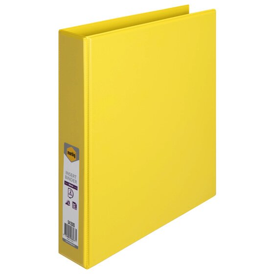 Yellow Marbig Clearview 38mm insert binder standing at an angle with the white marbig retail label on the spine
