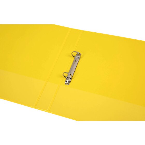 Yellow Marbig Clearview binder opened out, two metal D rings on a short rail just inside the back cover