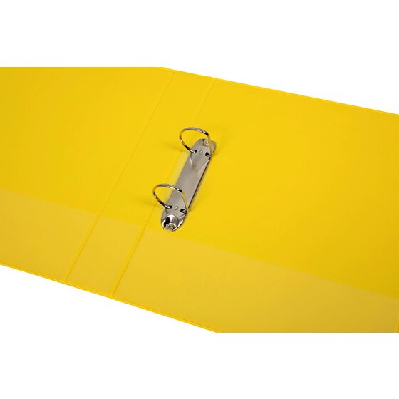 Yellow Marbig insert binder opened flat showing two metal D rings on a rail fixed inside the back cover