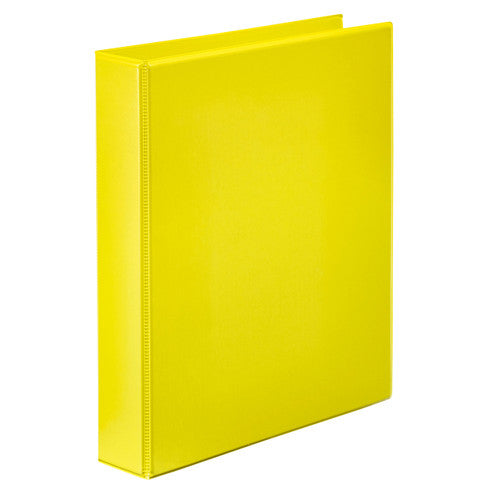 Plain render of a bright yellow Marbig Clearview insert binder at an angle, spine shown without a label