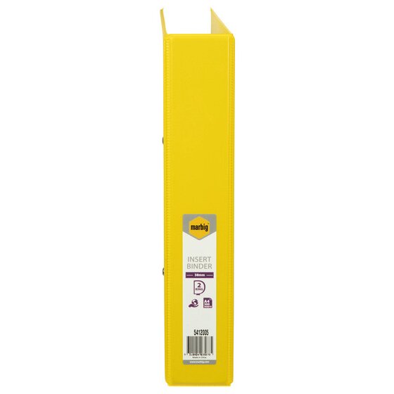 Yellow spine of Marbig 5412005 with a label reading INSERT BINDER, 38mm, 2 RING, A4 300 SHEETS and Made in China