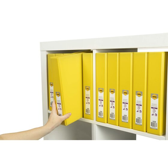 Hand taking a yellow Marbig binder from a white shelf filled with matching labelled yellow binders