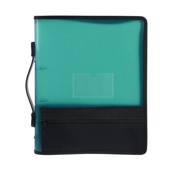 Green Marbig 6680004 zipper binder with extra storage, translucent teal green cover, black zipped pocket across the lower front and a black carry handle on the spine side