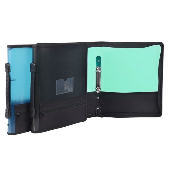 Marbig Extra Storage zipper binders in blue and smoke with handles, beside an open binder with a mint lining and two rings on a short rail