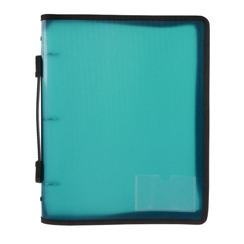 Marbig 6780004 zipper binder with a translucent teal green cover, black zip trim, a black handle on the spine side and a clear pocket in the lower front corner
