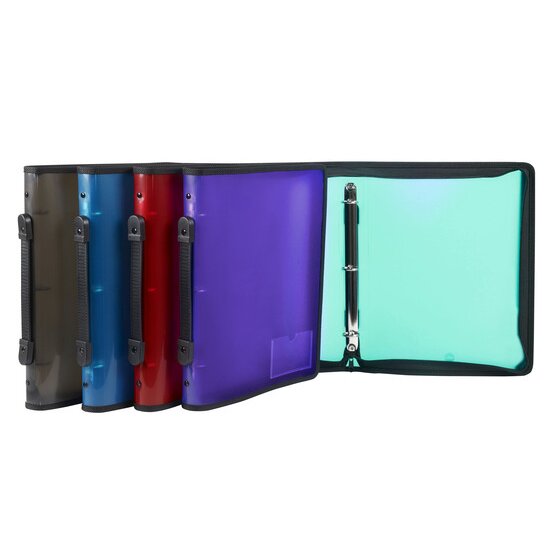 Marbig zipper binders with handles in smoke, blue, red and purple standing in a row beside one open binder with a mint lining and rings on the rail