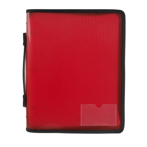 Marbig 6780003 red zipper binder with a translucent lined cover, black zip trim, black carry handle on the spine side and a clear label pocket in the lower corner