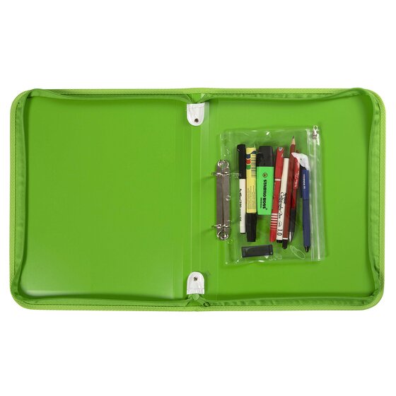 Open lime Marbig 6980004 zipper binder with a clear zipped tech case hung on two metal rings, holding pens, a highlighter and a USB stick