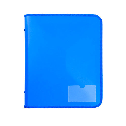 Blue Marbig 6980001 zipper binder, closed and front on, with blue zip edging and a small clear pocket near the bottom right corner