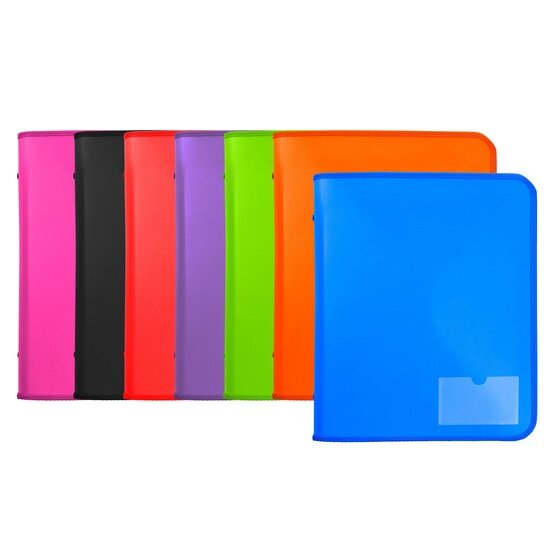 Marbig tech case zipper binders in seven colours, the purple binder fourth from the left between red and lime